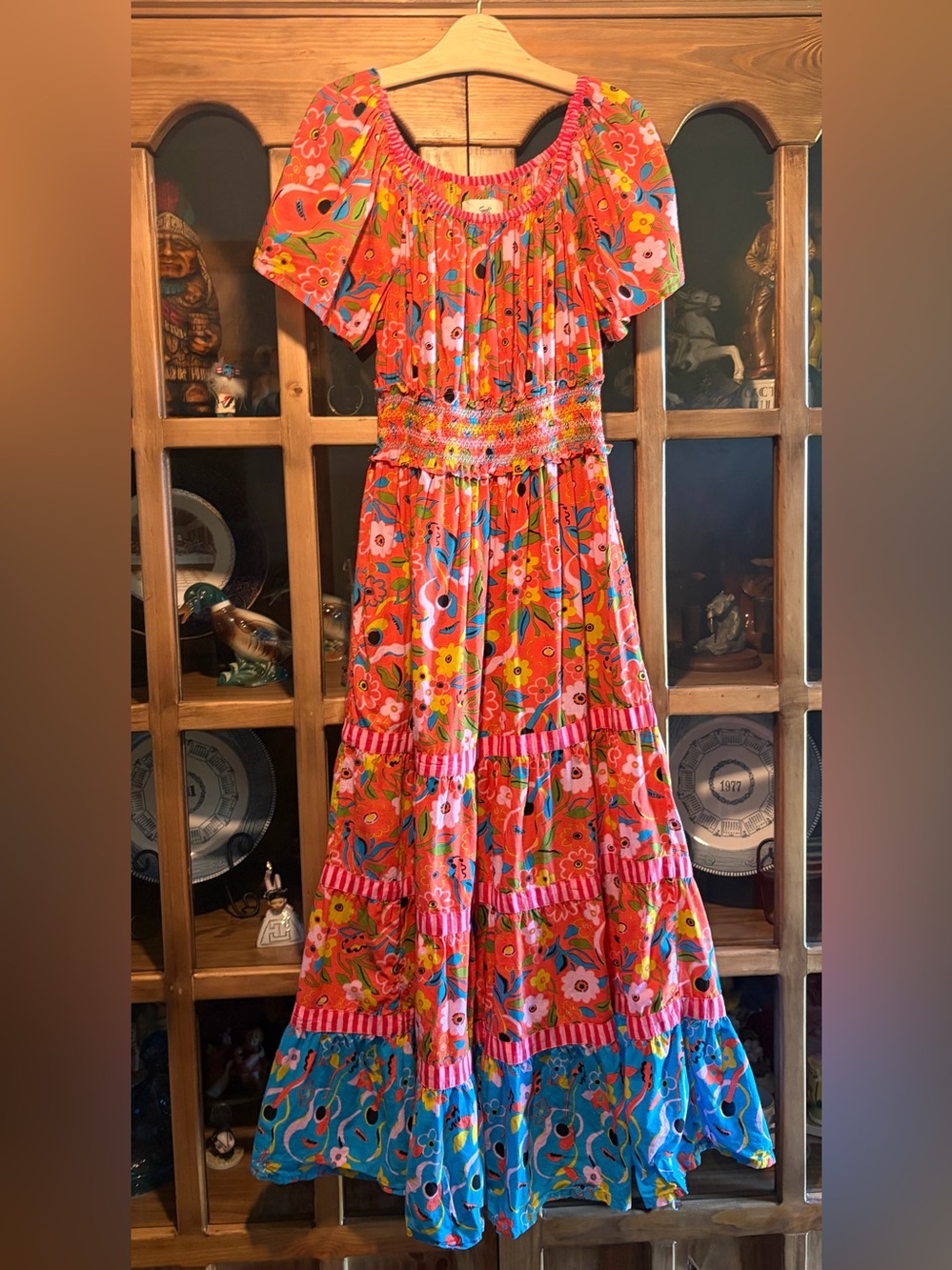 Printfresh Penciled In Dress Size Medium Bright Floral Maxi Dress Coral & Blue - Picture 1 of 11